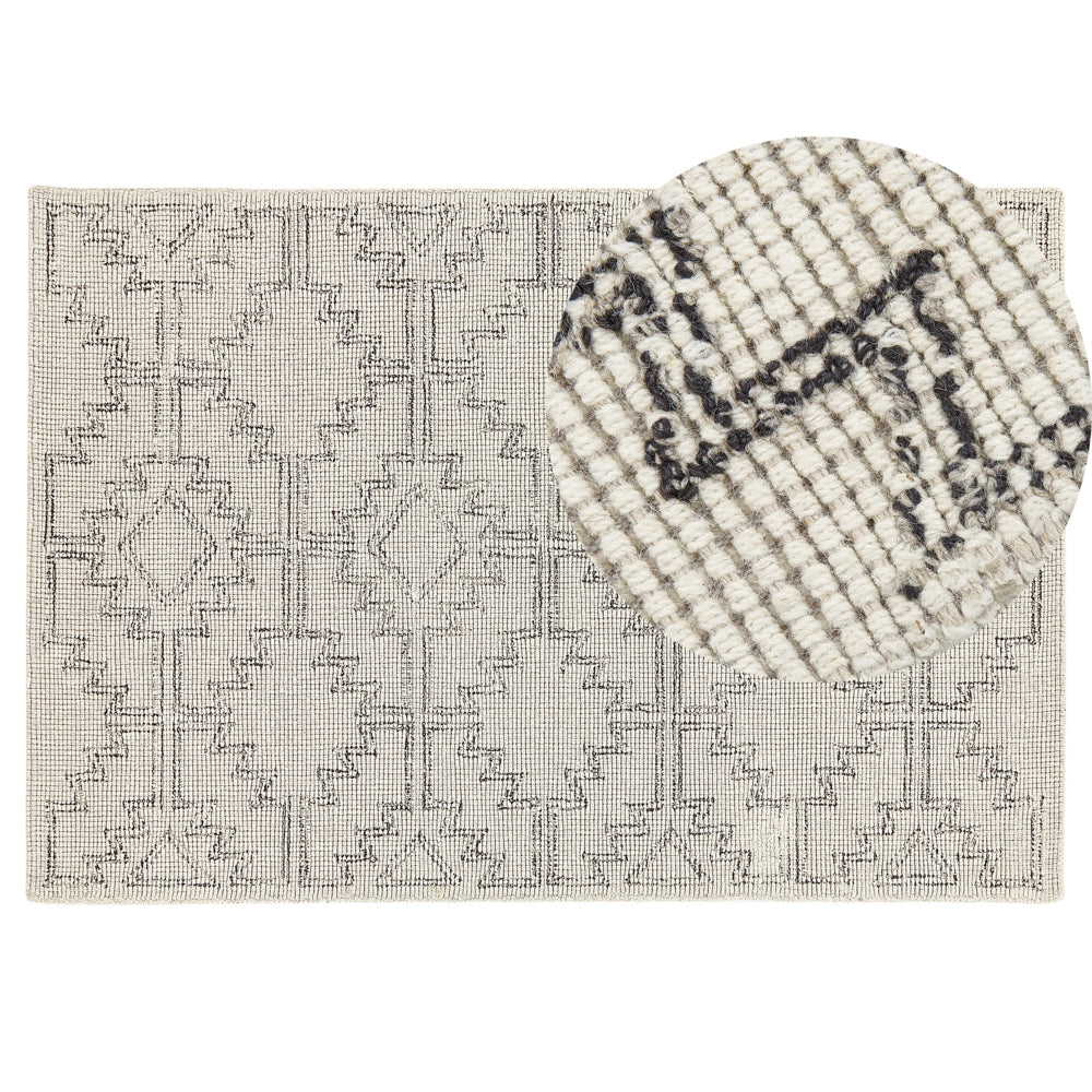 Tappeto beige e nero lana 140 x 200 cm fatto a mano motivo geometrico boho soggiorno camera da letto