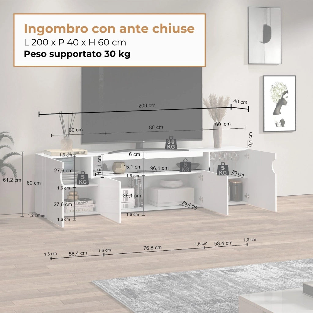 WHOUS Mobile porta TV Real con 4 ante e 1 vano aperto bianco lucido 200x40x60 cm