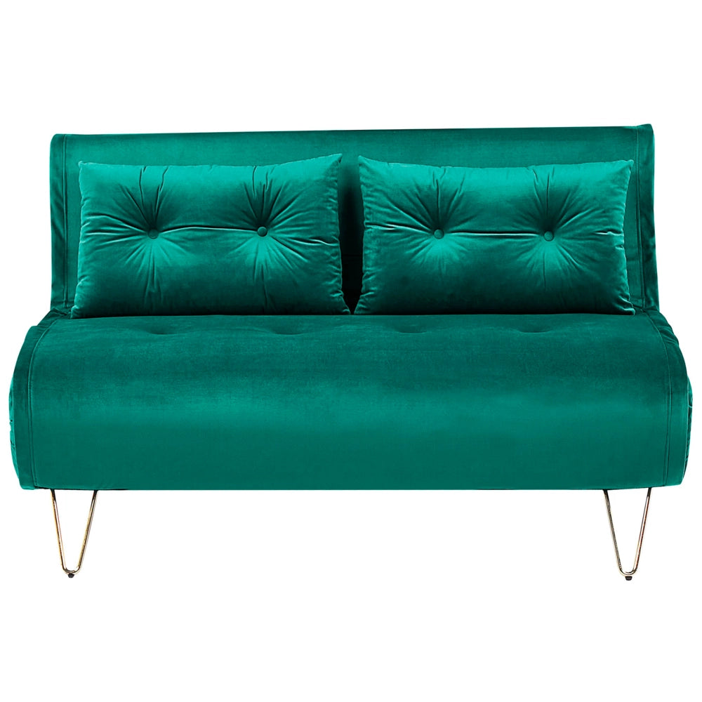 Divano Letto Velluto Verde Scuro 2 Posti Letto Sfoderabile senza braccioli Con 2 Cuscini Gambe In Metallo dorato Glamour