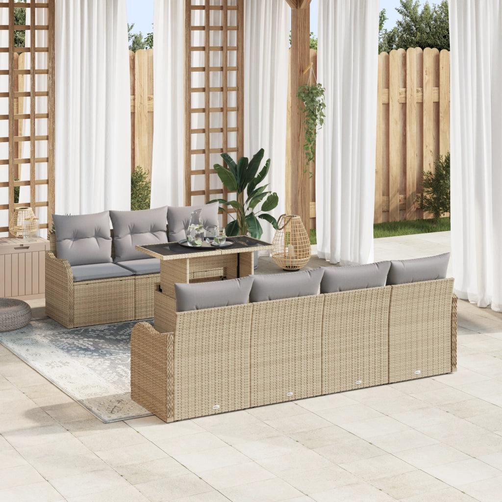 Set Divano Giardino da 8 Pezzi con Cuscini Beige Rattan Poliestere