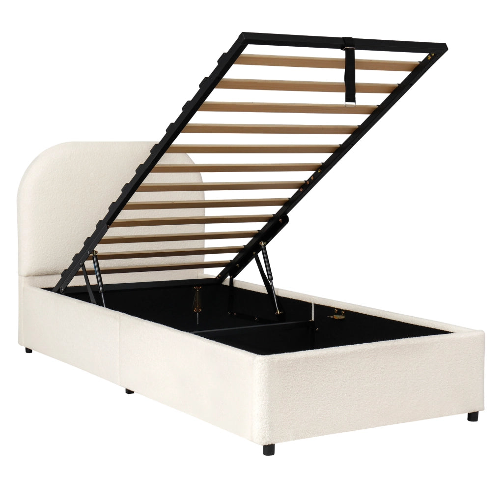 Letto per bambini 90x200 cm con contenitore idraulico; tessuto bouclé beige
