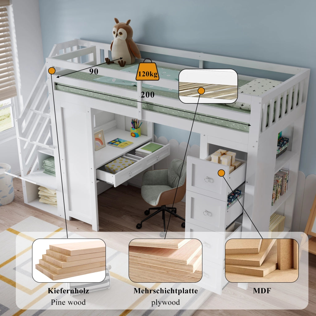 DESMIU Letto a soppalco per bambini 90 × 200 cm 1 posto con scrivania, 4 cassetti e ripiani, senza materasso, bianco