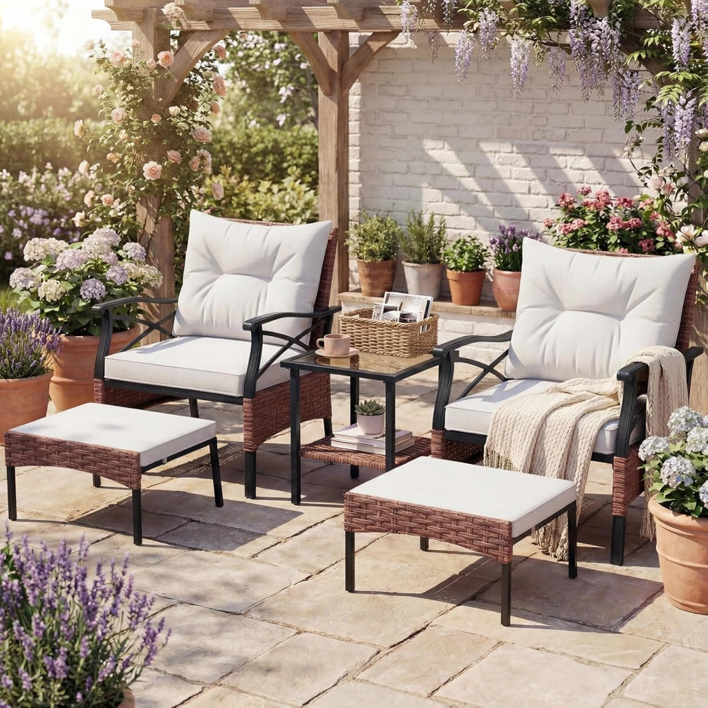 Set di mobili da giardino in rattan, per balconi, balconi, terrazze, 2 poltrone con sgabello, con cuscino, set di mobili da balcone per 2 persone (Beige)