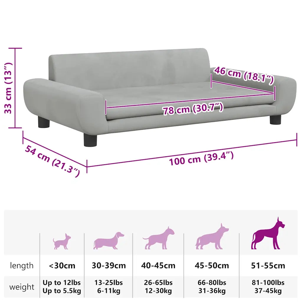 Lettino per Cani Grigio Chiaro 100x54x33 cm in Velluto 171982