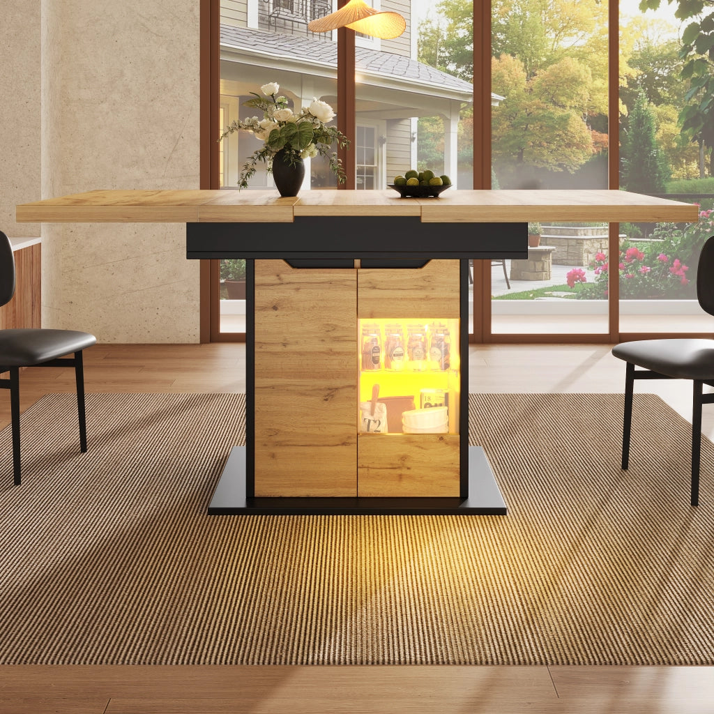 Tavolo da Pranzo per 4-6 Persone con Allunga; LED; Vano Contenitore e Ante in Vetro; MDF; 110-140x80x76 cm