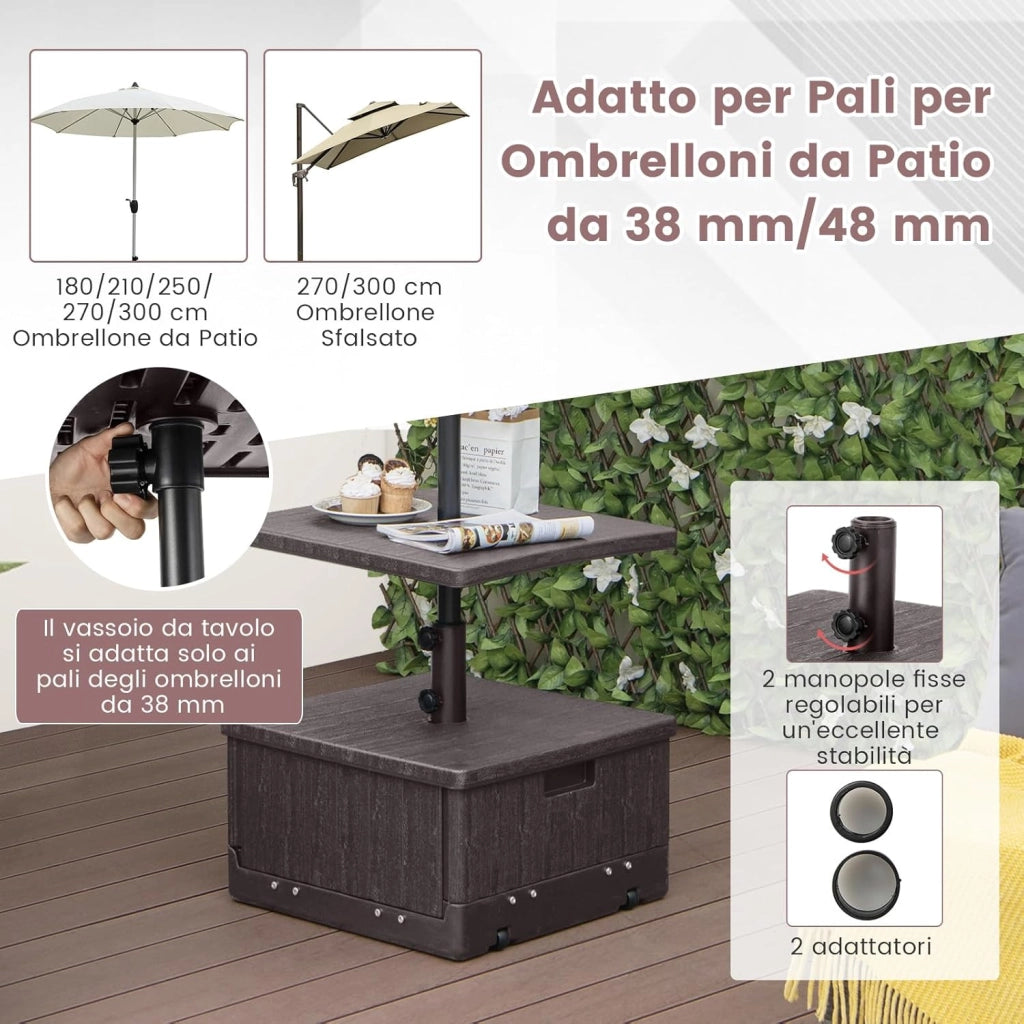 Base per Ombrellone, con Tavolino e Sacca Ponderata, Supporto per Ombrellone 45L, 67 kg di Sabbia, Vassoio, Ruote, per Ombrellone 38 mm/48 mm (Marrone)