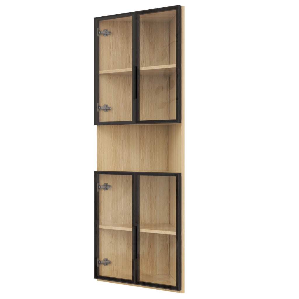 Vetrina angolare LED in MDF effetto rovere 62x32x160 cm con ante in vetro e chiusura soft-close