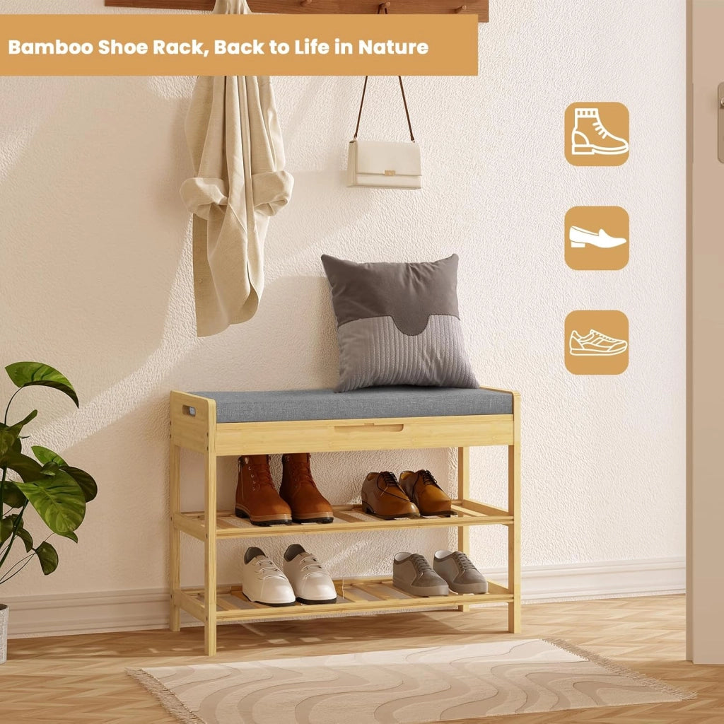 Porta Scarpe a 2 Ripiani, Panca Scarpiera con Scomparto Nascosto, Scarpiera da Ingresso con Seduta Imbottita, Panca Porta Scarpe in Bambù per Soggiorno, Corridoio 68x30x50 cm