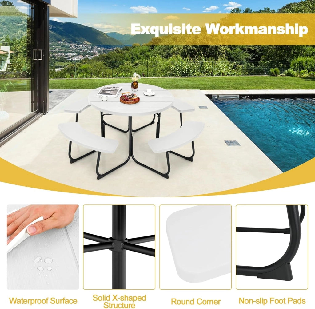 Set da Giardino per 8 Persone, Tavolo Rotondo da Picnic con 4 Panche, Tavolo da Birra in HDPE con Foro per Ombrellone, Set da Esterno Resistente