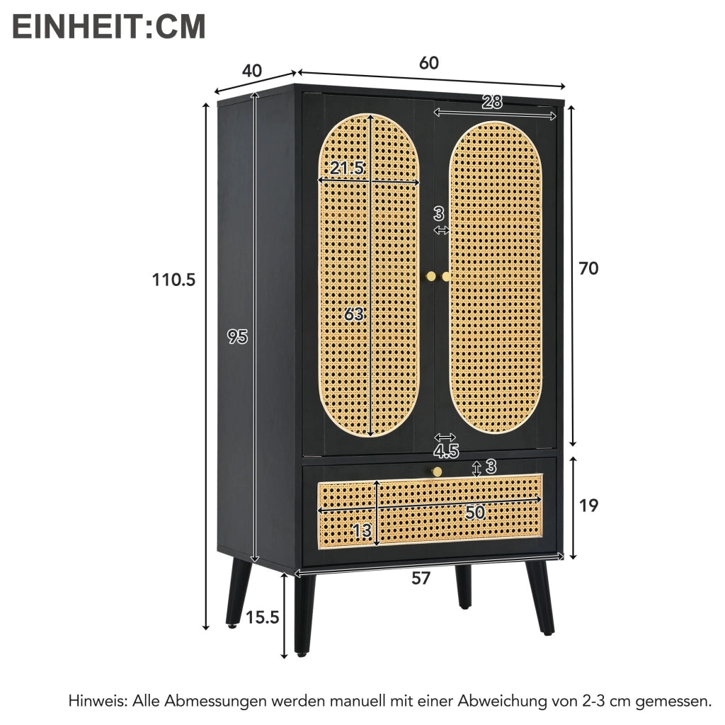 CREDENZA 60x40x110,5 cm nera con 2 ante e 1 cassetto, design rattan