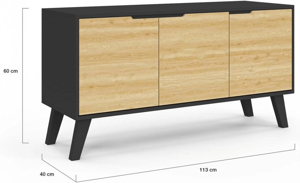 Credenza bassa scandinava 113 cm FINN nero 3 ante effetto faggio