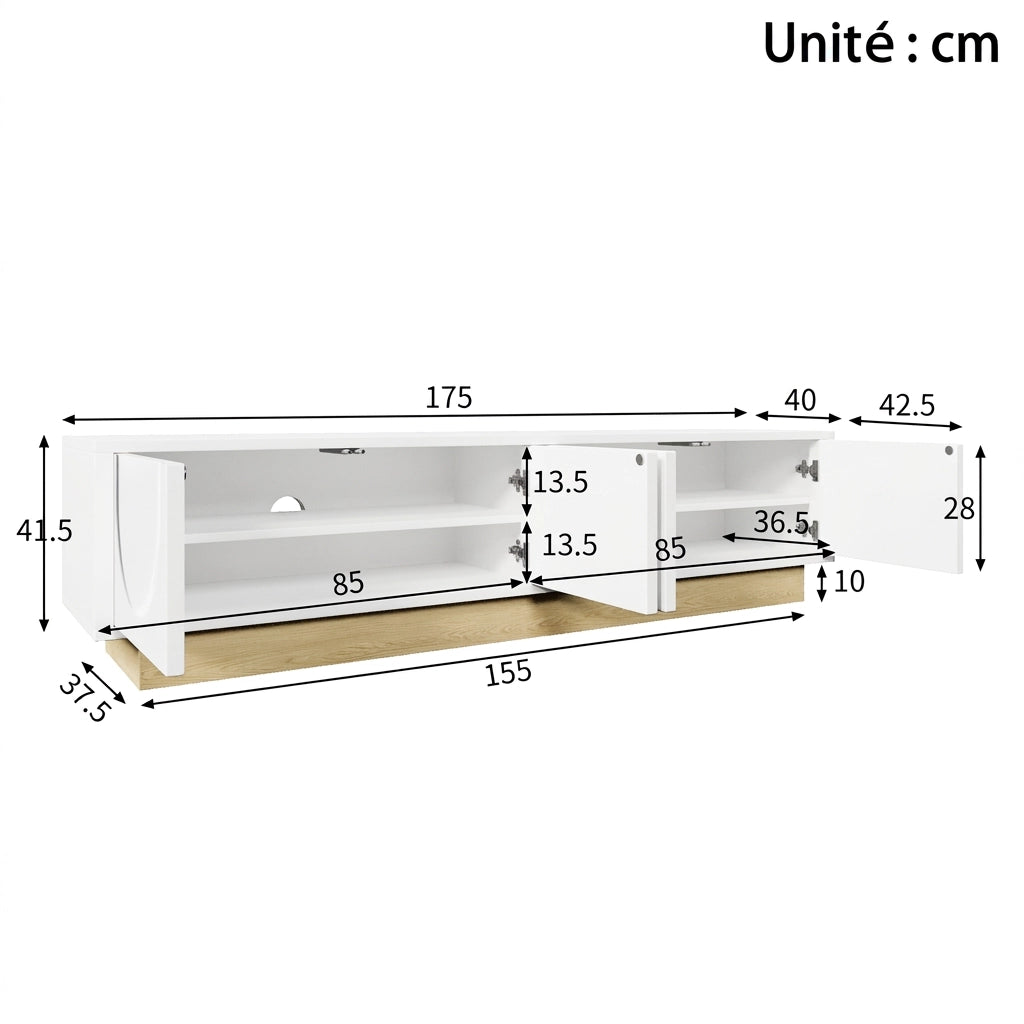 Mobile porta tv bianco 175 cm con 4 ante e passacavi; base effetto legno; MDF