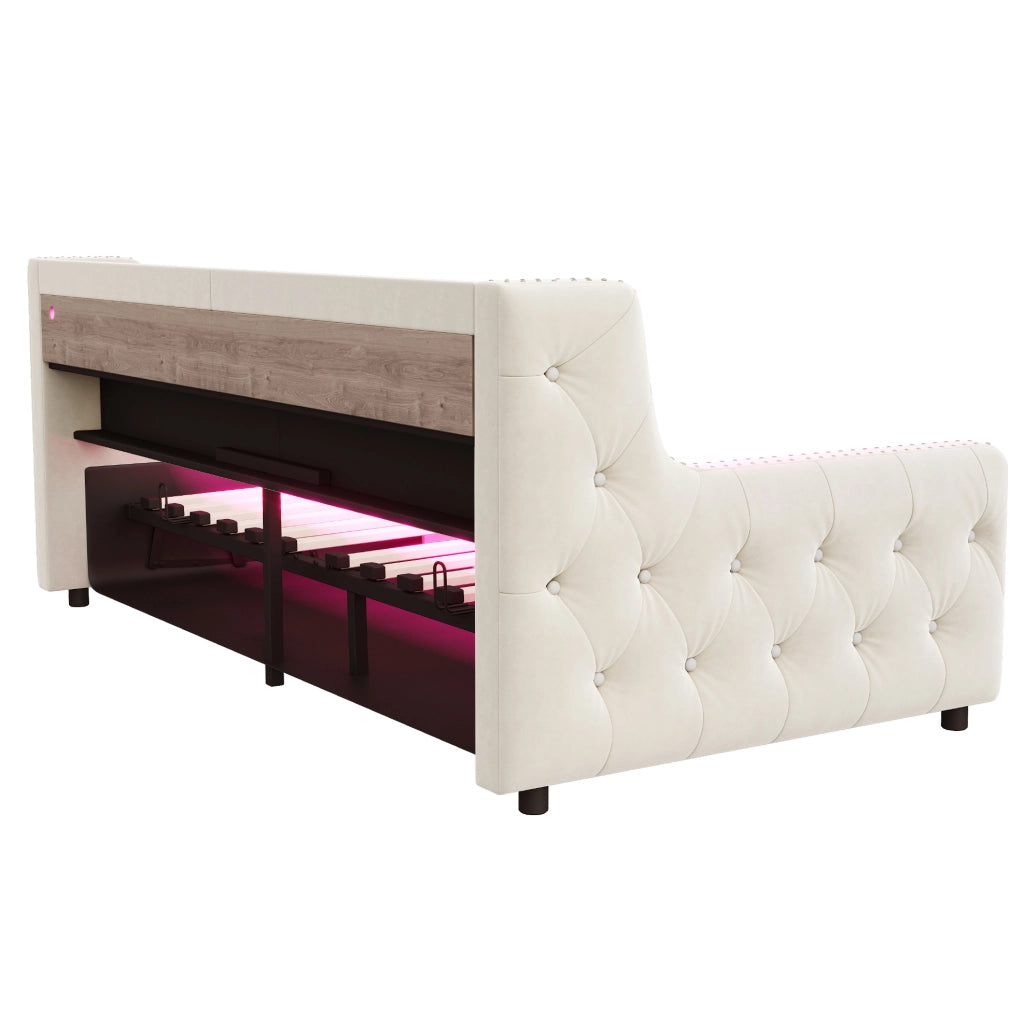 Letto imbottito 90x200 cm con contenitore, LED e testiera multifunzione