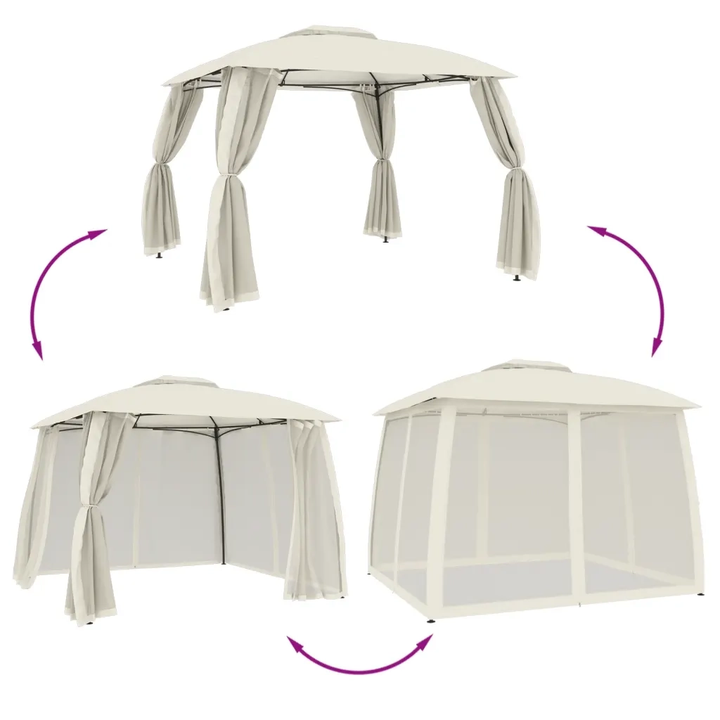 Gazebo | Pergolato con Tetto Doppio e Pareti Rete Crema 2,93x2,93 m Acciaio