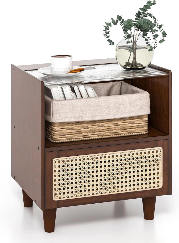 Comodino in Bambù e Rattan 43 x 35 x 50 cm, Tavolino Moderno con Piano in Vetro, Cassetto, Mobile Salvaspazio per Ufficio e Soggiorno (1, Marrone)