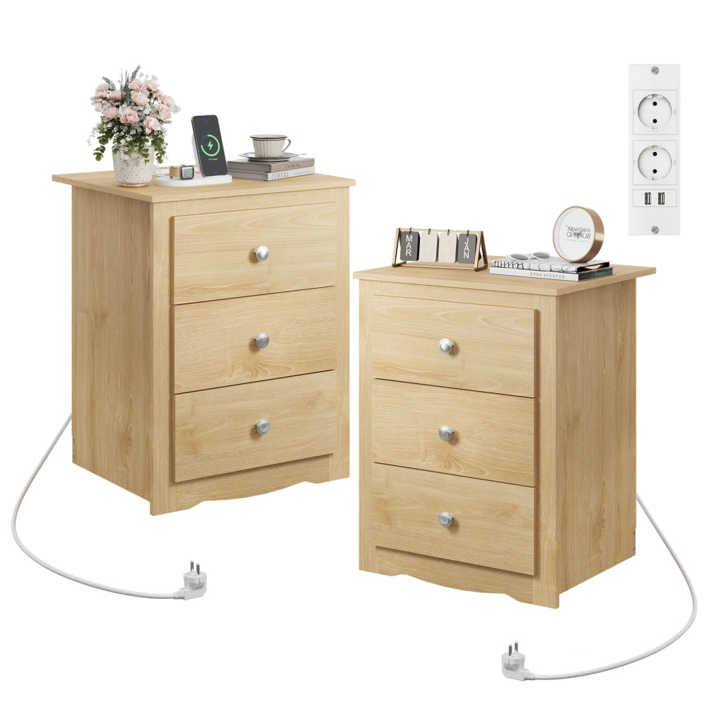 Comodino 3 Cassetti con USB e Prese ¨C zephmum ¨C Legno Rovere 40x40x50 cm