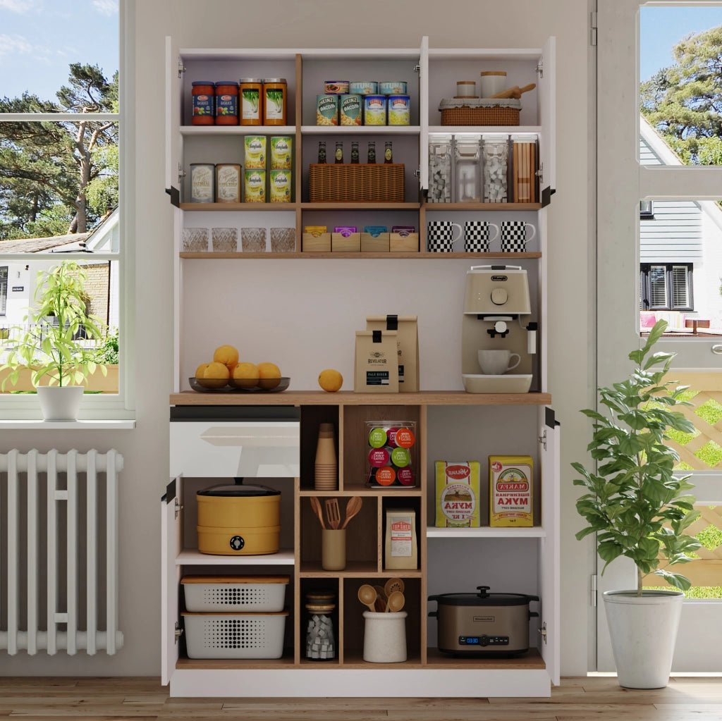 Credenza cucina 105x45x185 cm MDF bianco lucido con vani e ripiani