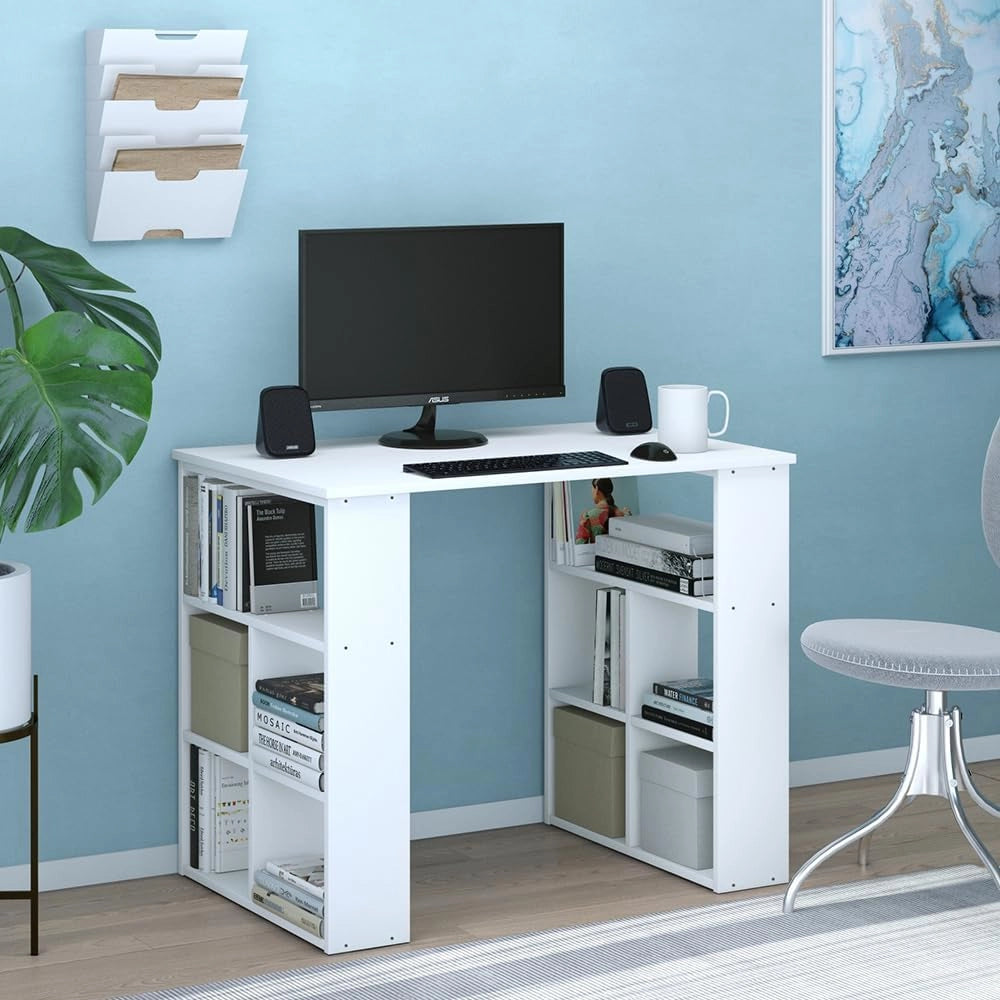 Scrivania con ripiani Arwen, Bianco, 90 x 60 cm, con ripiani aperti per appoggio laterale