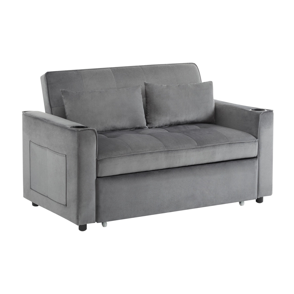 OKWISH Divano Letto 2 Posti, Schienale Regolabile a 3 Posizioni con Portabicchieri e Tasche Laterali, Velluto Grigio