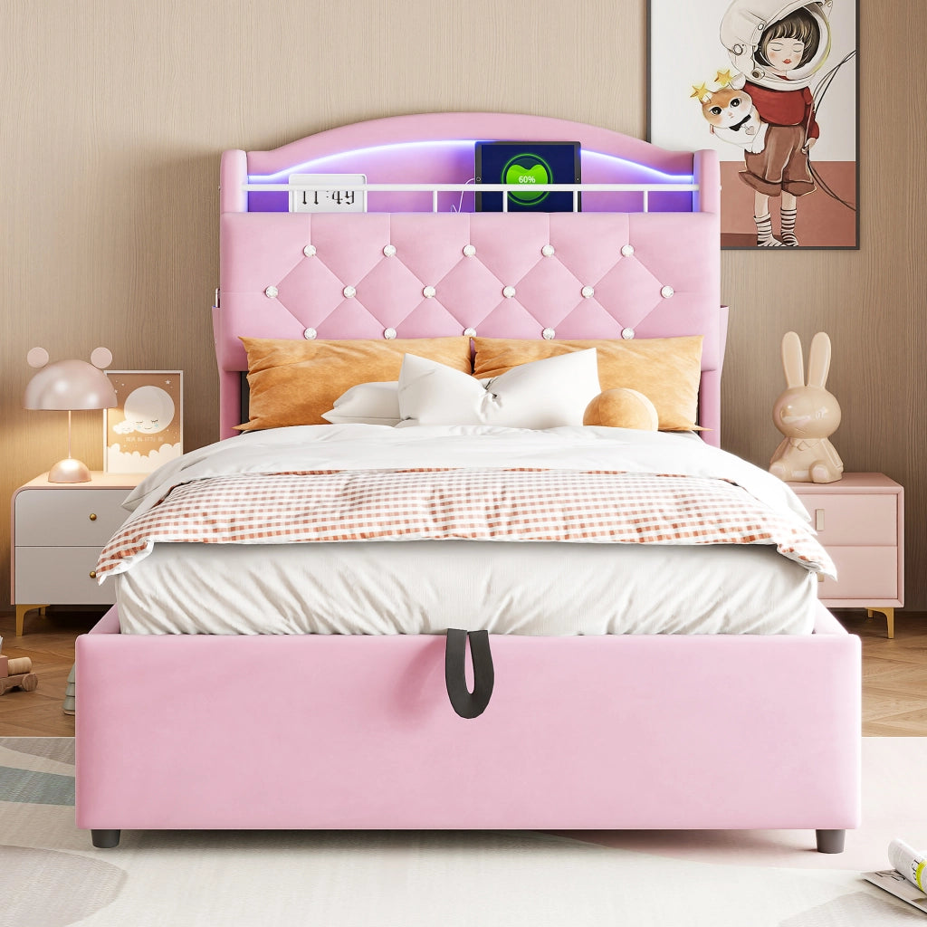OKWISH Letto Contenitore 90×200 cm, Letto Singolo con LED Regolabile, USB, Type-C e Contenitore, senza Materasso, in Tessuto, Rosa