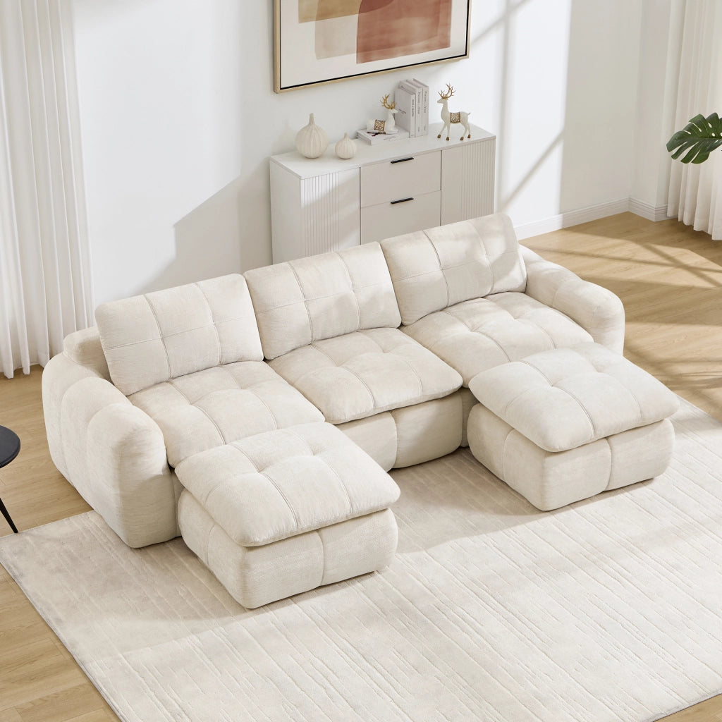 Divano modulare senza struttura con seduta ergonomica e montaggio libero con due pouf in chenille beige