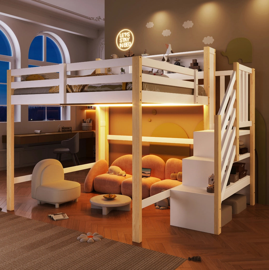 Letto a soppalco ULEVR 140x200 cm con LED, scala contenitore e vano aperto, bianco e naturale