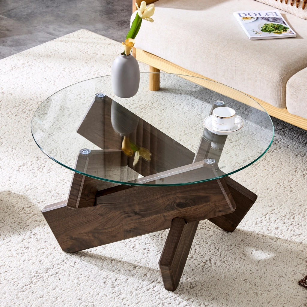 Tavolino da caffè rotondo in MDF e vetro Ø79 cm noce