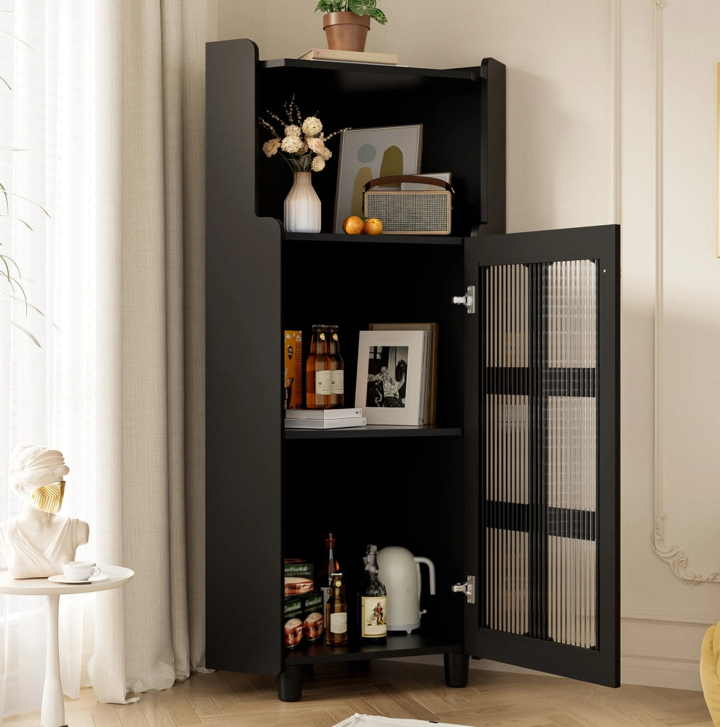 Mobile angolare nero in MDF con LED, 2 vani contenitore chiusi