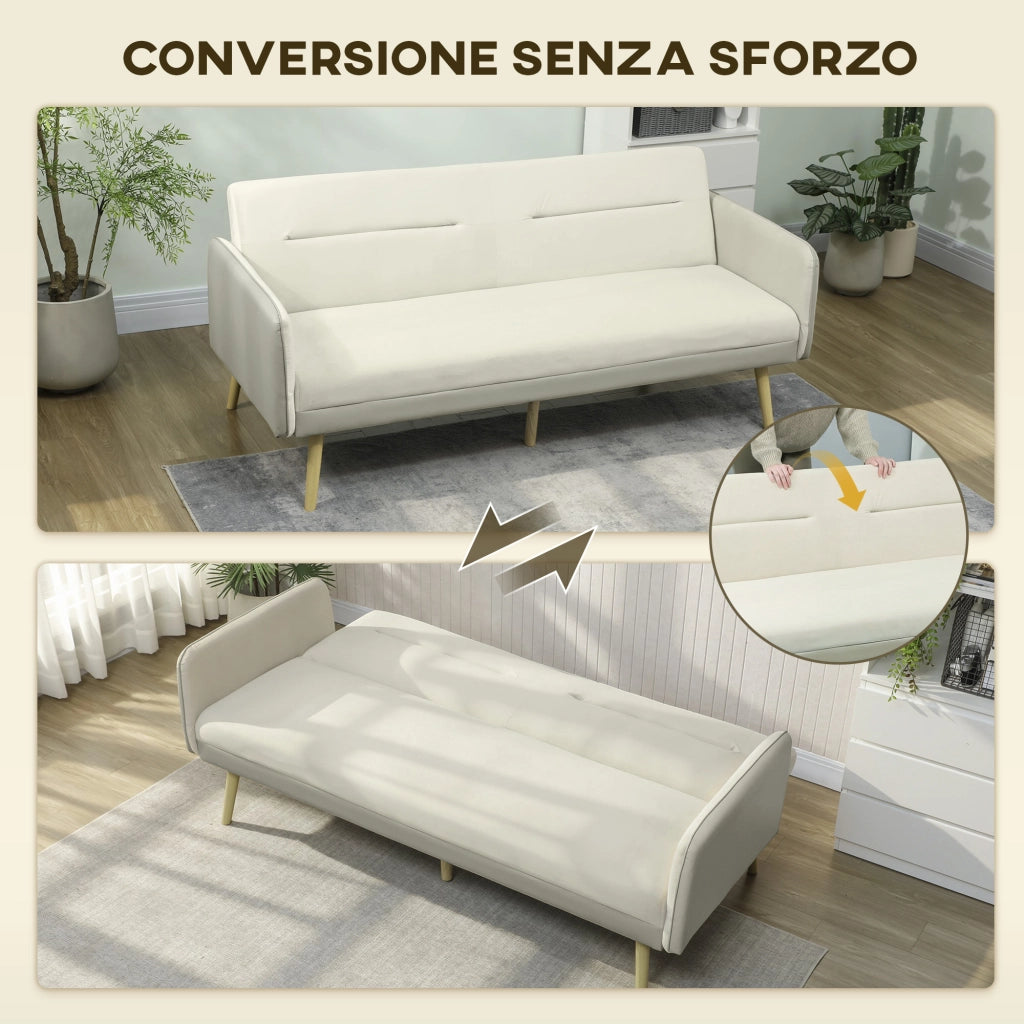 Divano Letto 3 Posti 185x84x83 cm con Schienale Reclinabile e Rivestimento Effetto Velluto Beige