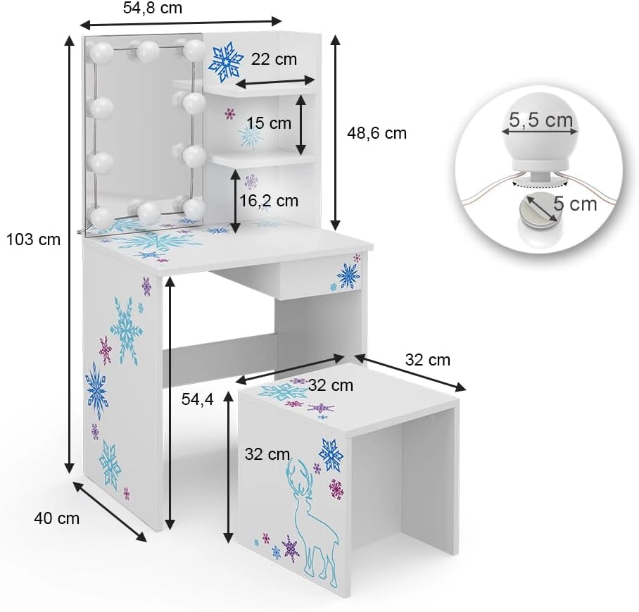 Tavolino da toilette per bambini Schneeflocke, Bianco, 54.8 cm con illuminazione a LED, adatto per la conservazione di cosmetici e accessori
