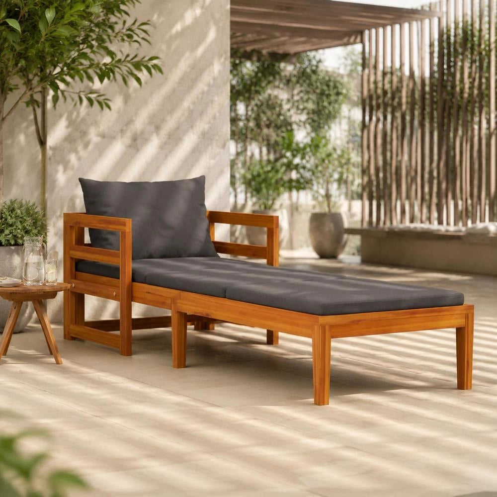 Sun Lounger With Dark Grey Cushions, Solid Acacia Wood