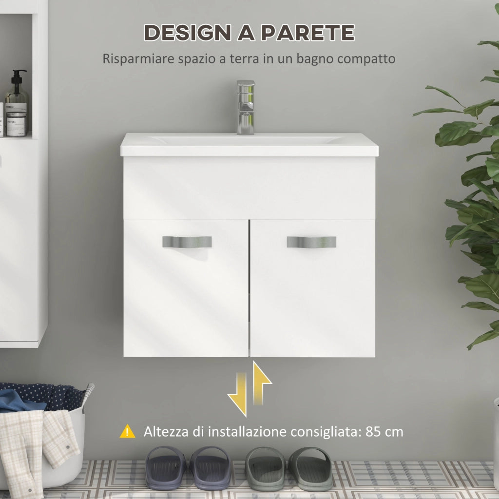 Mobile Bagno Sospeso con Lavabo e Armadietto ¨C Zephmum ¨C Bianco Lucido 61x40x50cm