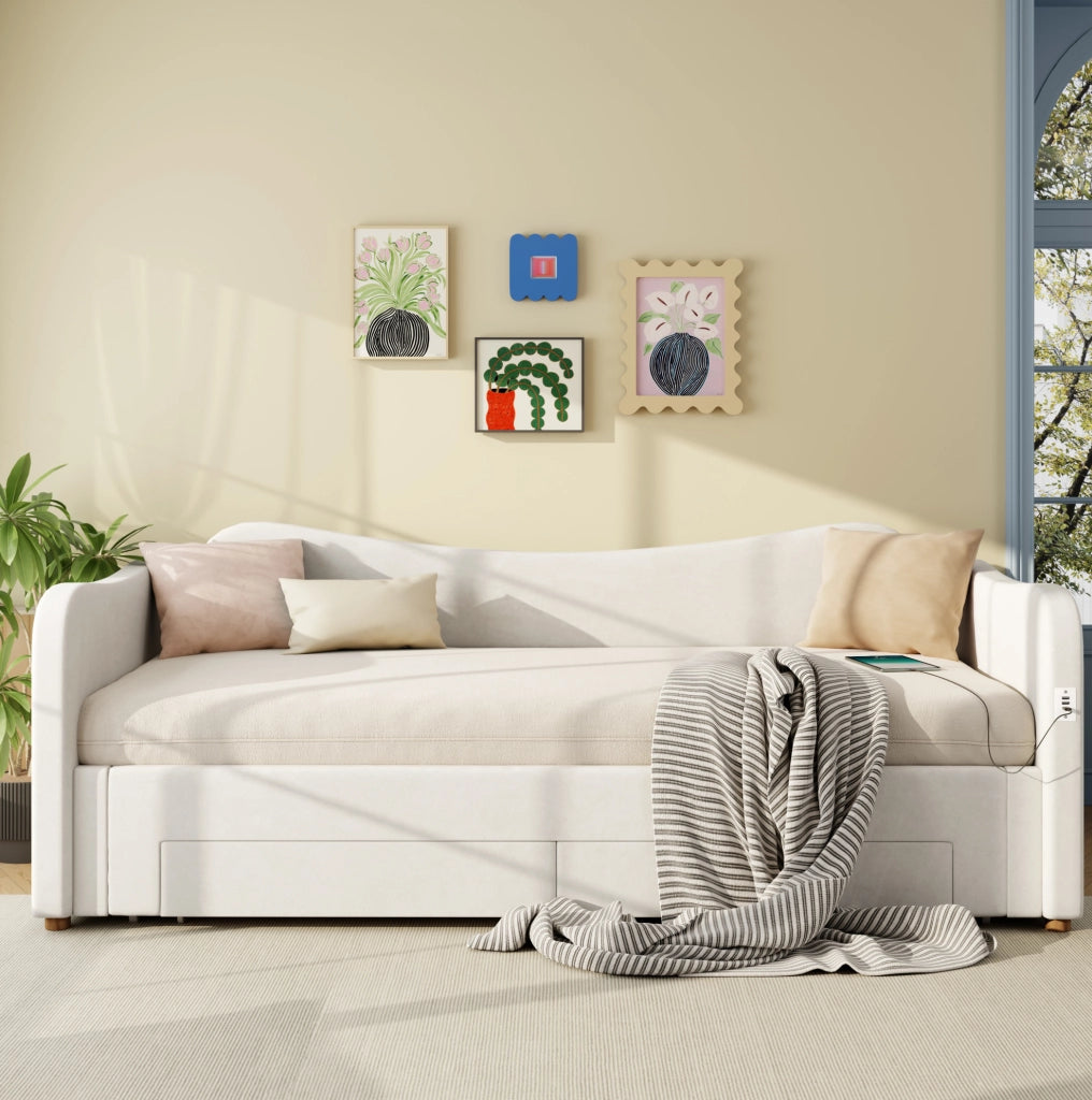 Letto multifunzione imbottito con cassetti, USB e funzione estraibile