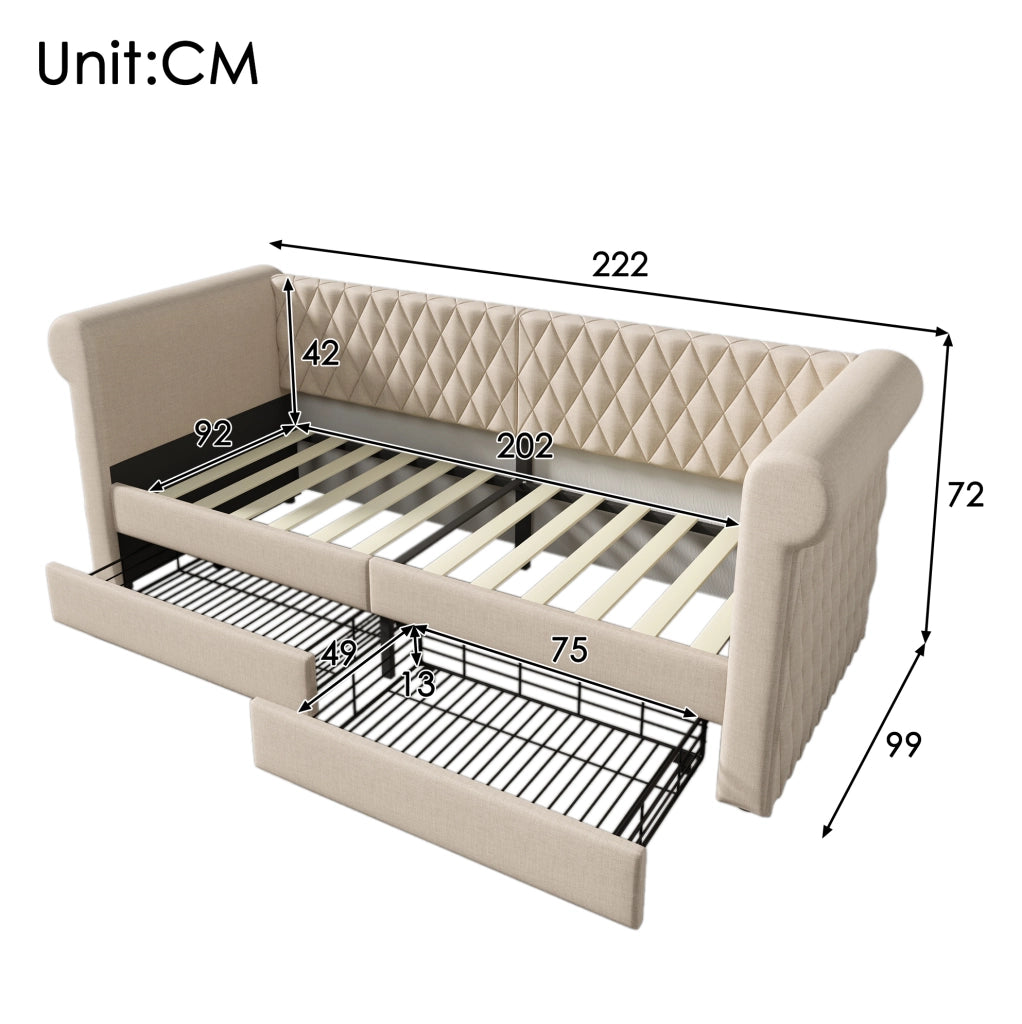 Letto singolo daybed 90x200 cm in lino beige con 2 cassetti e testiera vintage