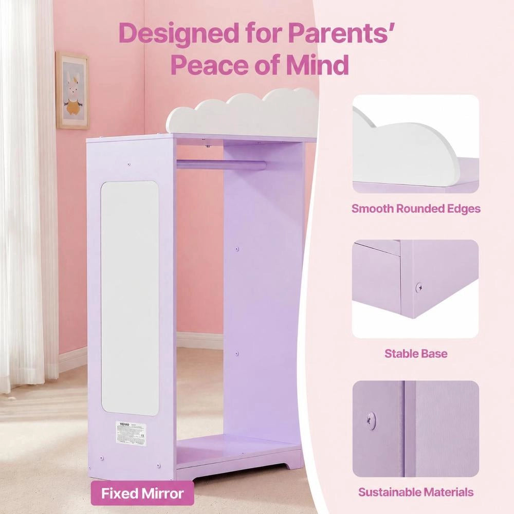 Armadio Costumi Bambini con Mobiletto Portagiochi Viola Specchio Ripiani per Camera e Cameretta