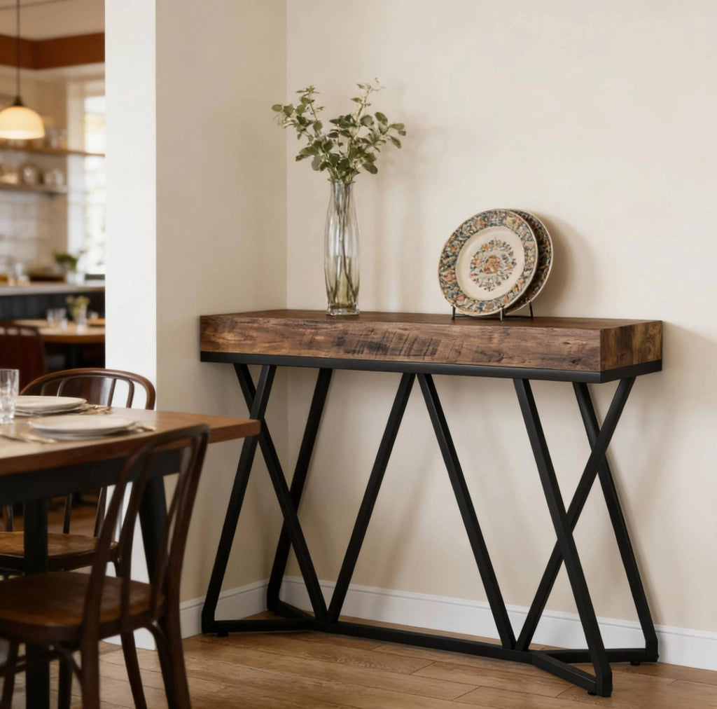 Tavolo consolle 140 x 30 cm in MDF e metallo; nero e marrone rustico