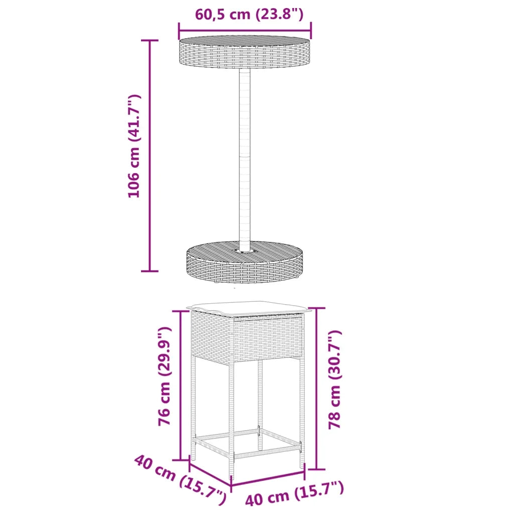 Set Bar da Giardino 3pz con Cuscini Grigio in Polyrattan