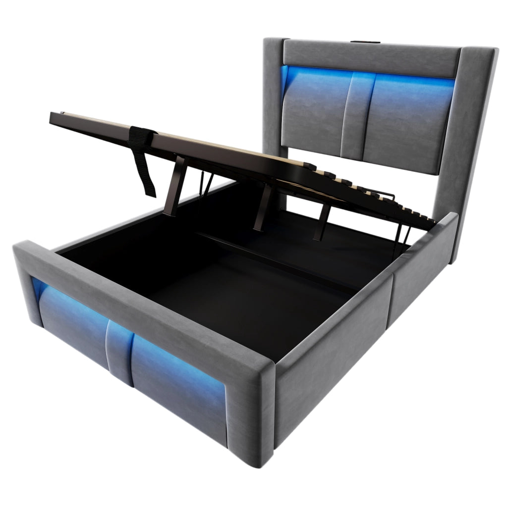 Letto singolo 90x200 cm con contenitore; LED; USB e Type-C; velluto grigio; con materasso