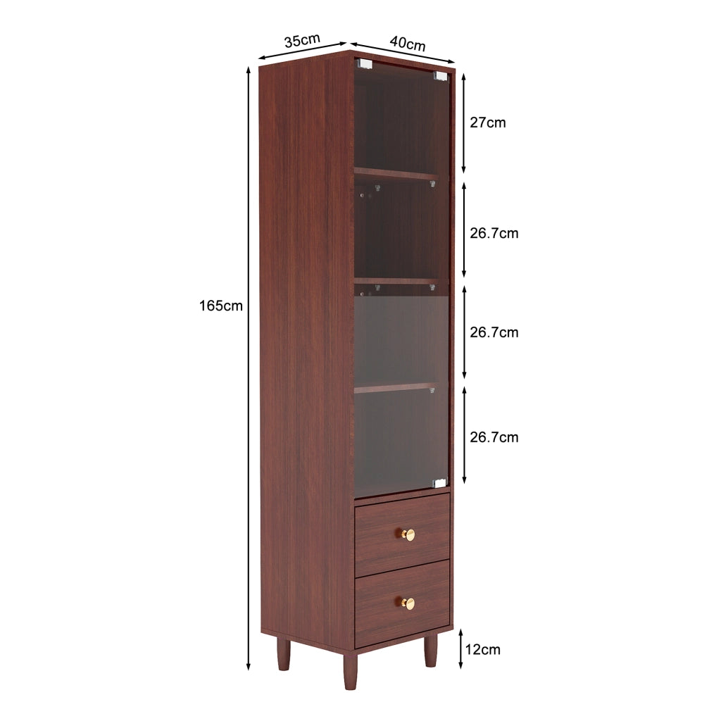 Vetrina con LED e porta in vetro, 4 ripiani e 2 cassetti, per soggiorno, in MDF e vetro, marrone, 40 × 35 × 165 cm