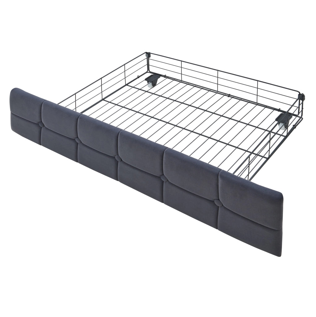 Divano letto imbottito 90x200 cm con 2 cassetti; LED e prese USB/Type-C; tessuto grigio