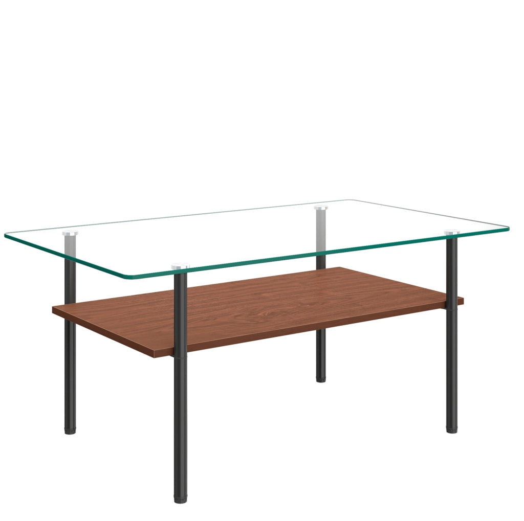 Tavolino da salotto nero e marrone in vetro; MDF e metallo con ripiano