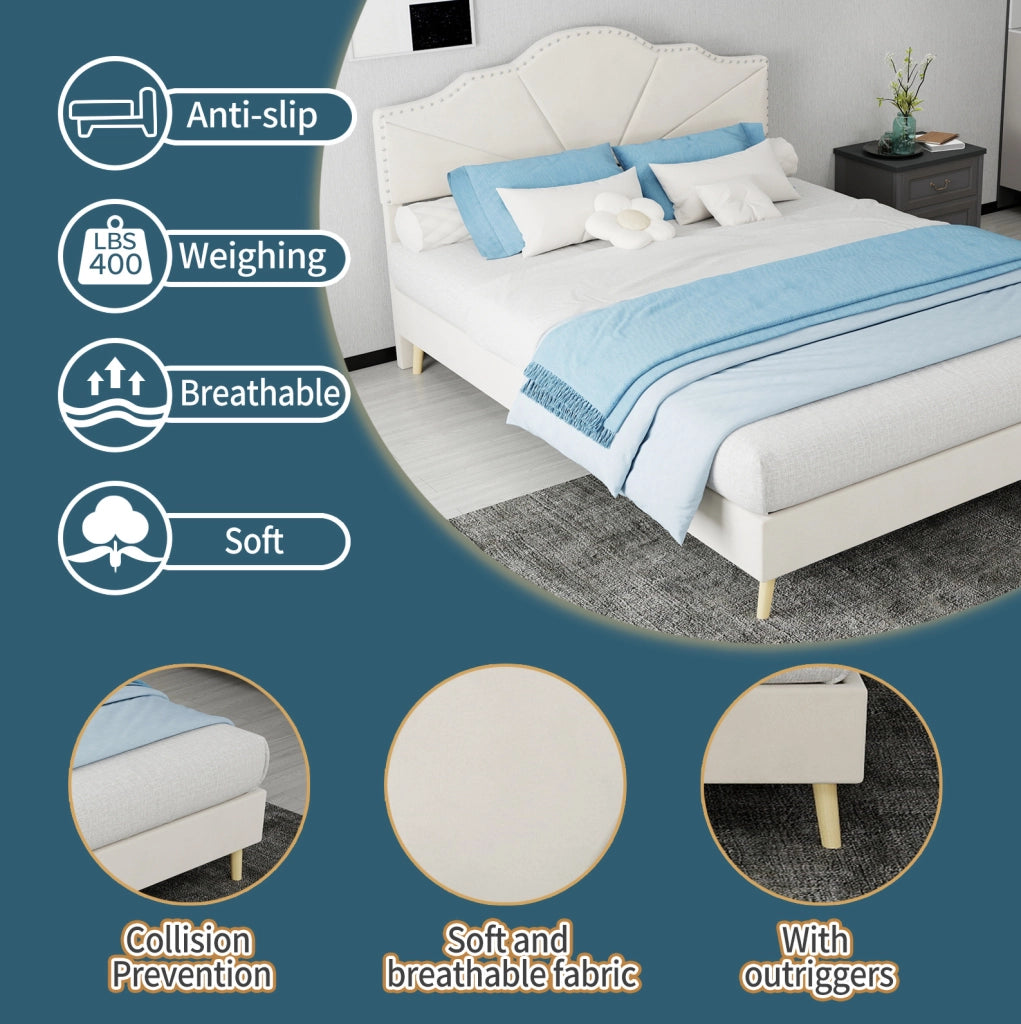 Letto 140x200 cm con testiera geometrica in tessuto beige