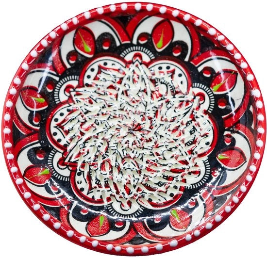 Raspante ceramica/Taglierino ceramico - ideale per zenzero, formaggio Parmigiano, ecc. - in rosso, bianco e nero con disegno di Gazania - Diametro: 12 cm - manufatto artigianale e decorato a mano - Realizzato in Spagna
