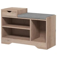 Panca Scarpiera Moderna con 3 Ripiani Aperti e Cassetti, in Legno, Poliestere e Spugna, 76.5x30x52 cm, Grigio