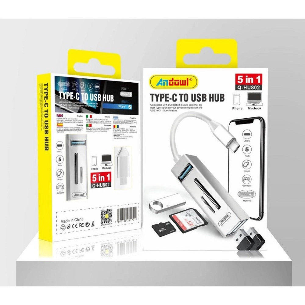Trade Shop - Hub Usb Q-hu802 5 In 1 Adattatore Da Tipo C A Usb 3.0 Con Connessione Di Tipo C -