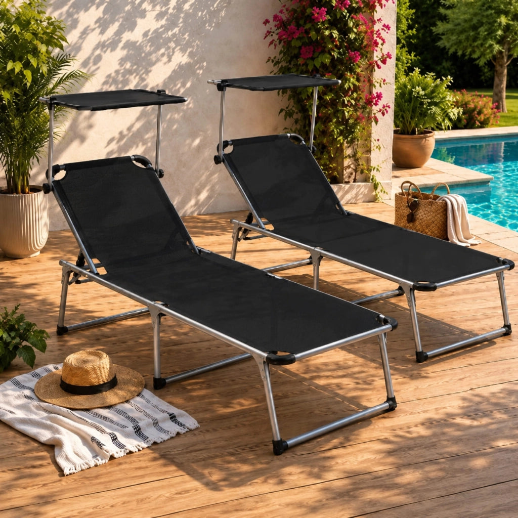 Set 2 Lettini Da Sole Richiudibili Con Tettuccio Ombreggiante Schienale Reclinabile A 6 Regolazioni Struttura Leggera In Alluminio Ideali Per Mare Spiaggia Giardino Piscina 187 x 59 x 29 Cm Nero
