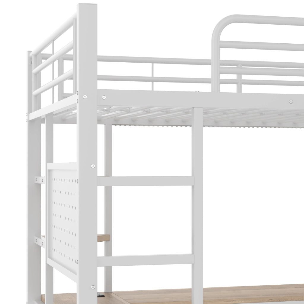 Letto a soppalco ULEVR 90x200 cm con scrivania, LED, prese USB e Type-C, ripiani, bianco