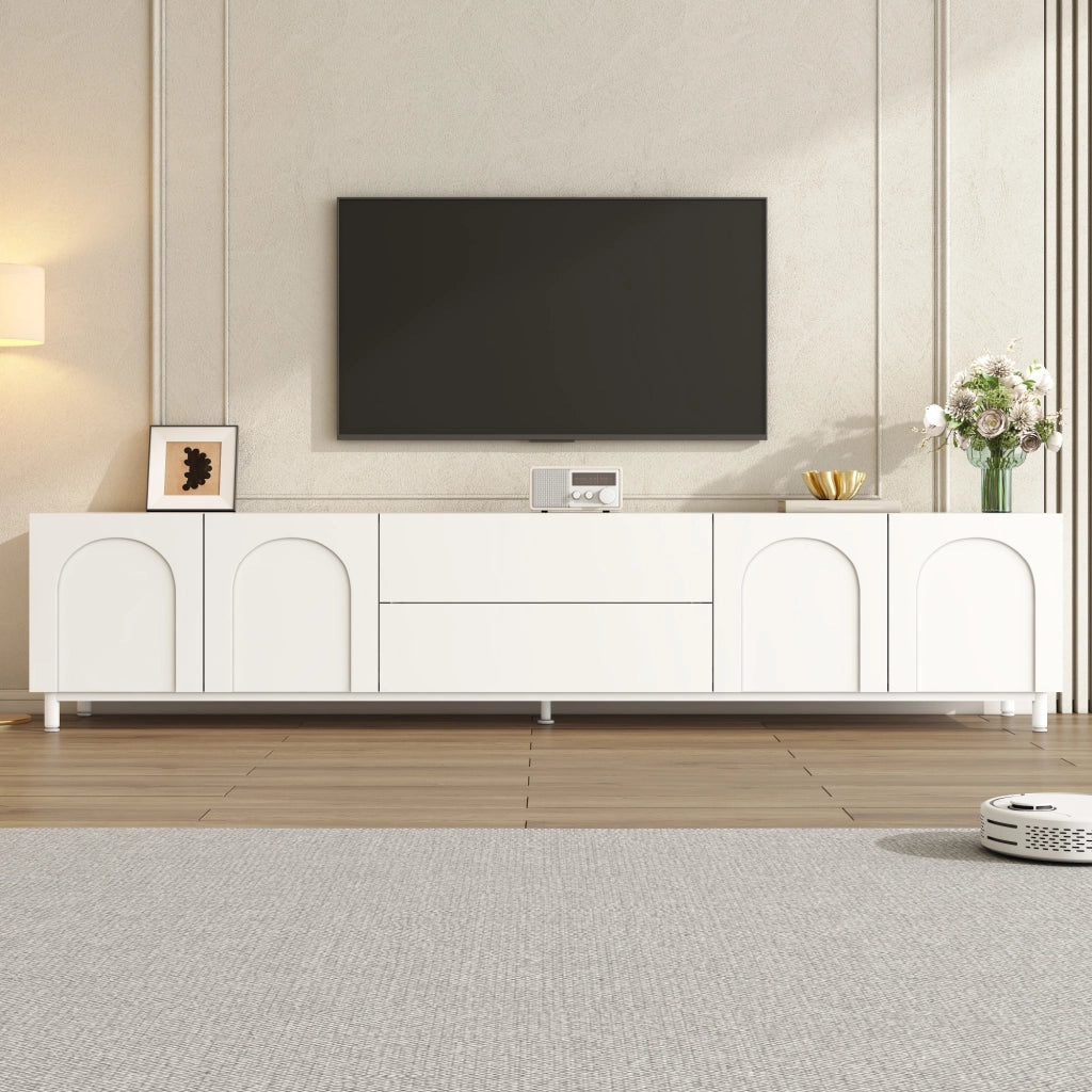 Mobile porta TV con 4 ante e 2 cassetti, passacavi laterali, per soggiorno, in MDF e truciolare, bianco, 180 × 40 × 48 cm