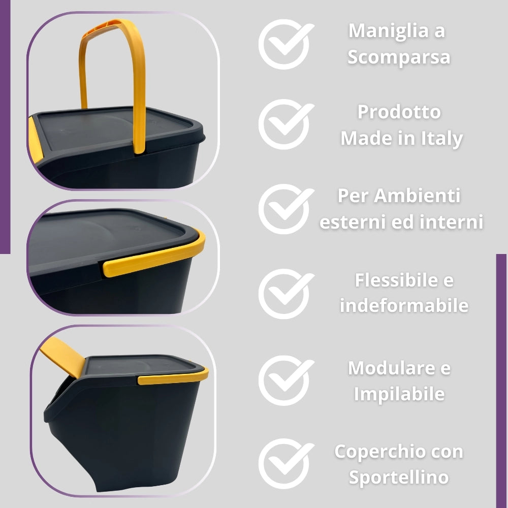 Kit 3 Pezzi Tris Pattumiera Raccolta Differenziata 3x25 Litri con maniglia Corpo BIANCO