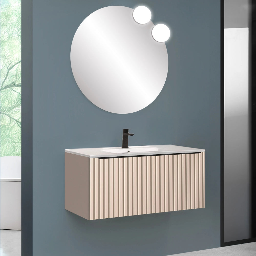 Mobile bagno sospeso 90 cm cappuccino cannettato con cassetto e lavabo Nara